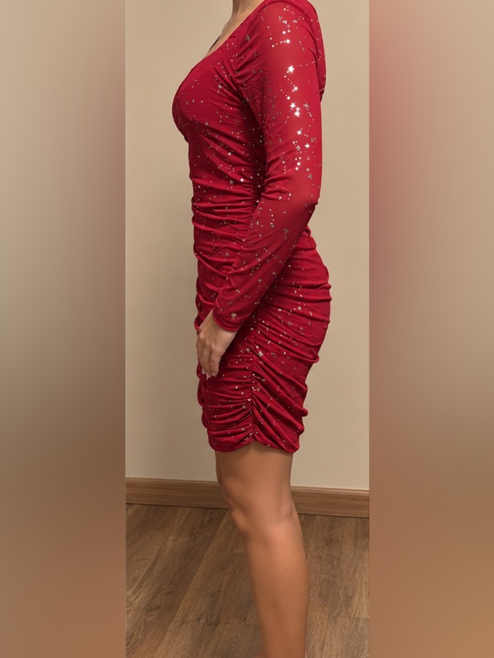 Sparkle-Accent Ruched Long-Sleeve Mini Dress in Red - Picture 2 of 4